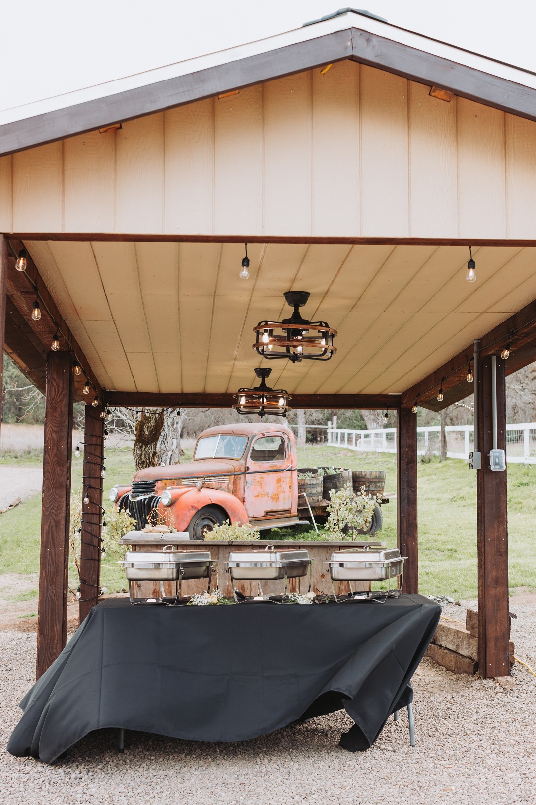 Covered Catering and bartending area with electrical outlets southern oregon wedding venue